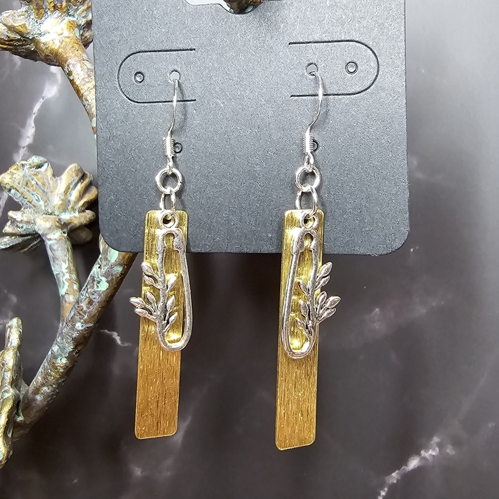 Drop 2.25" long earrings brushed brass & antique silver pin charm hypoallergenic